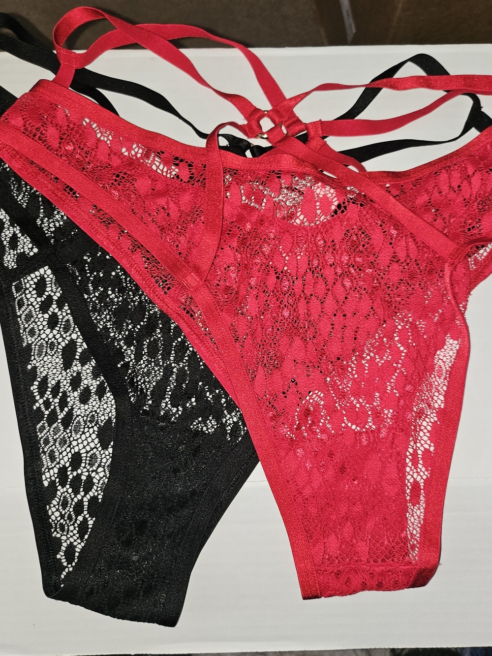 Victoria's Secret Red & Black Lace Strappy Thong Set